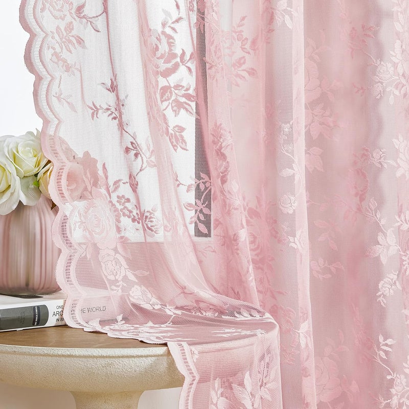 SEEKRIGHT Light Pink Lace Curtains 63 Inch Length 2 Panels set Romantic Flower Sheer Curtains for Living Room Bedroom Decor Rod Pocket Light Filtering Lace Window Curtains for Kids Girls Nursery Room, 52x63 - Image 1